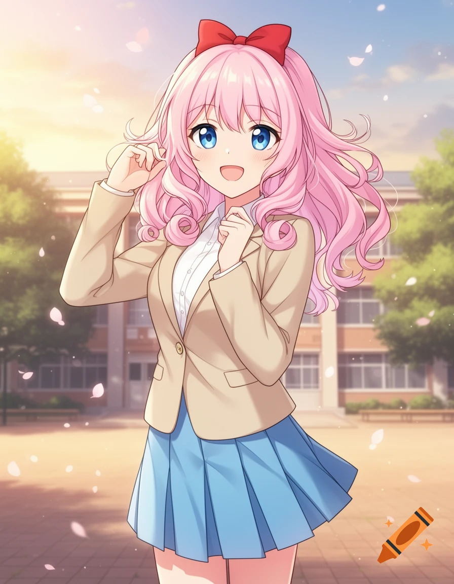 An anime girl with pink hair, blue eyes, and a red bow smiles while wearing a beige blazer and blue pleated skirt, with cherry blossoms falling.