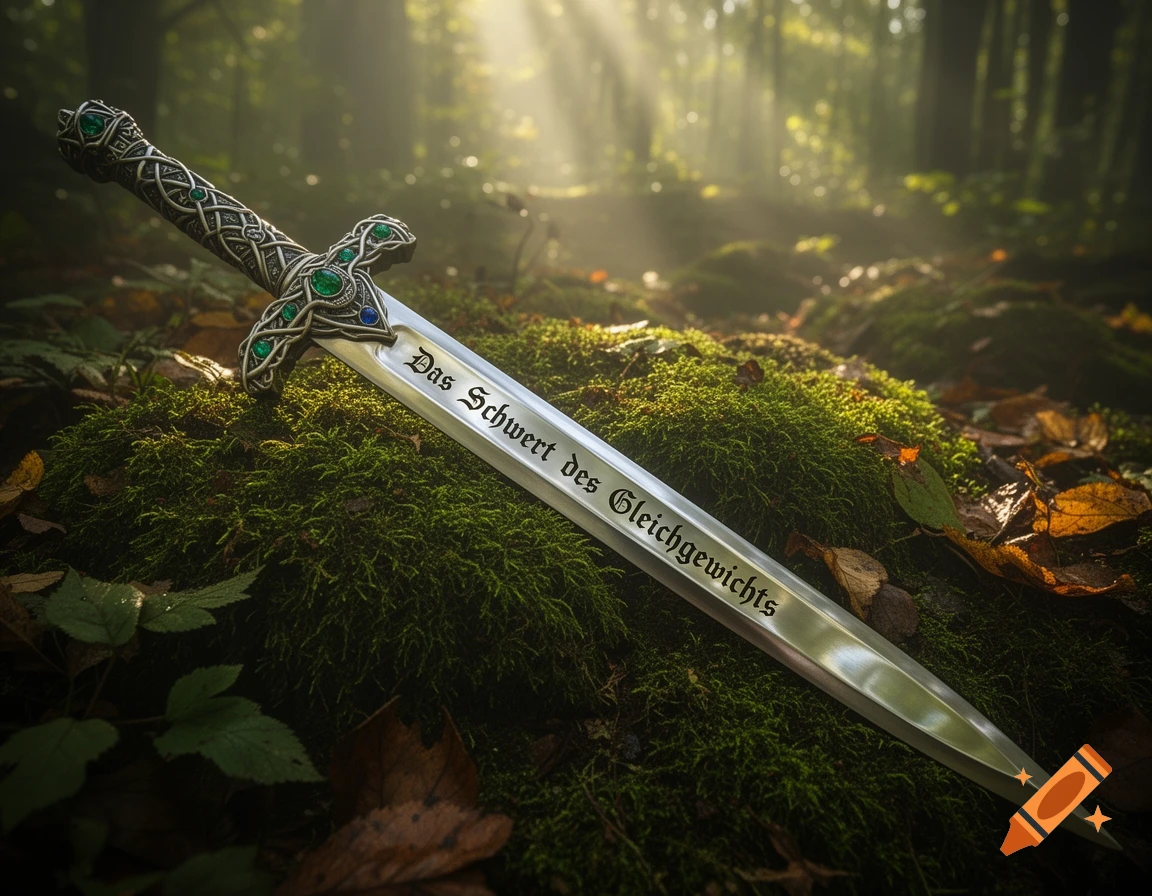 A detailed fantasy sword with a gem-studded hilt rests on mossy forest ground, sunlight streaming through trees, with text on its blade.