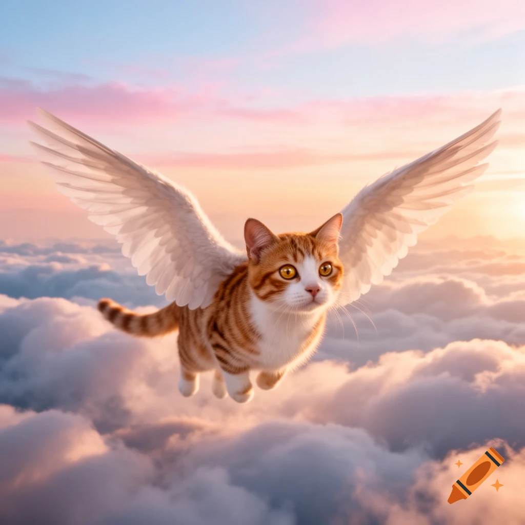 An orange and white tabby cat with white feathered wings flies above fluffy clouds during a vibrant sunset.