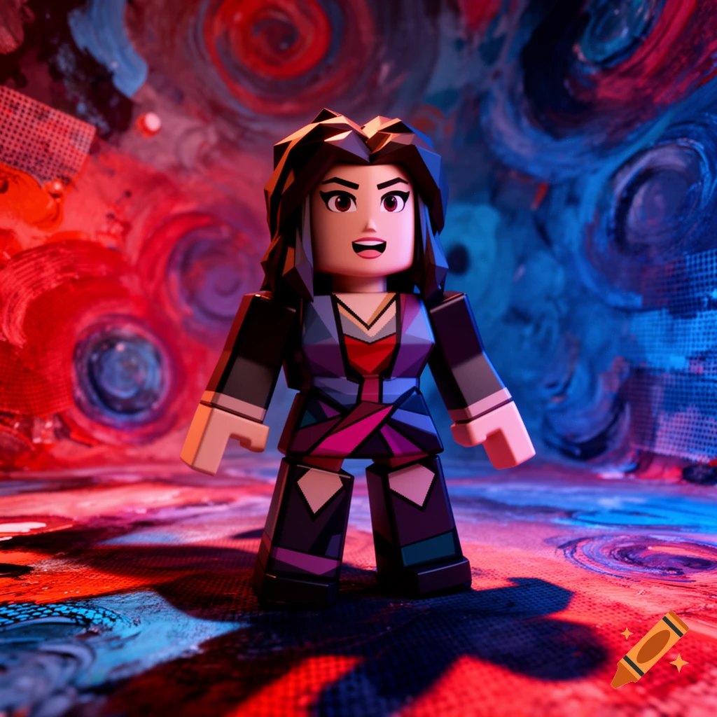 A stylized Roblox-like female character in a colorful outfit stands against a vibrant, swirling red and blue abstract background.