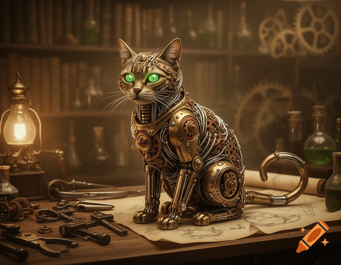 A steampunk mechanical cat with intricate brass and gear details, featuring glowing green eyes, sits on a workbench filled with tools and blueprints.