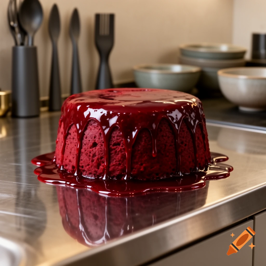 A red cake with a glossy, dark red glaze dripping down its sides, sitting on a reflective metal kitchen counter with blurred utensils and bowls in the background.