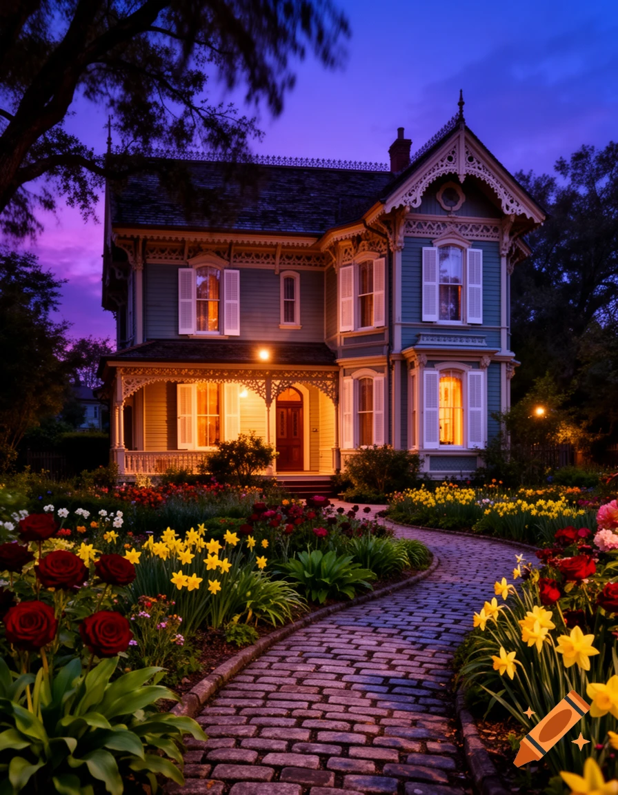 A beautiful Victorian-style house with glowing windows at twilight, surrounded by a vibrant garden with a cobblestone path.
