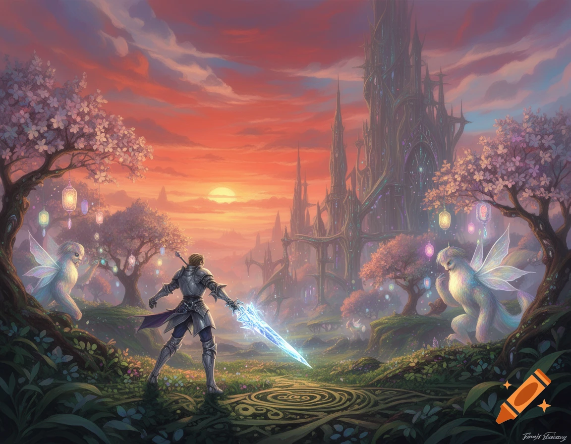 A knight with a glowing sword in a vibrant fantasy landscape with a towering castle, luminous trees, and winged fairy creatures at sunset.