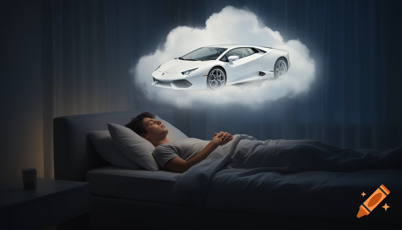 A young man sleeps peacefully in a dark room, dreaming of a white luxury sports car floating in a glowing cloud above his head.