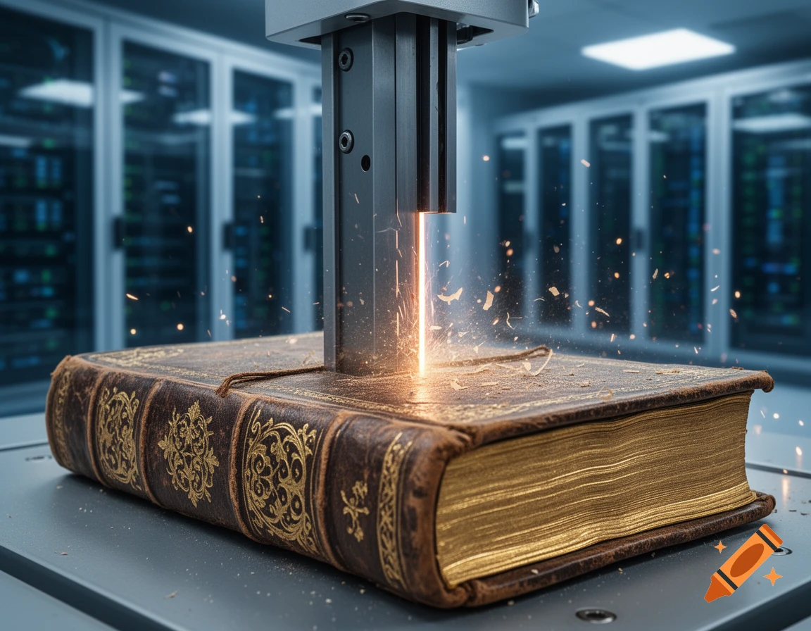 Photorealistic close-up of an industrial machine laser-cutting an antique book with sparks, in a blurred server room.
