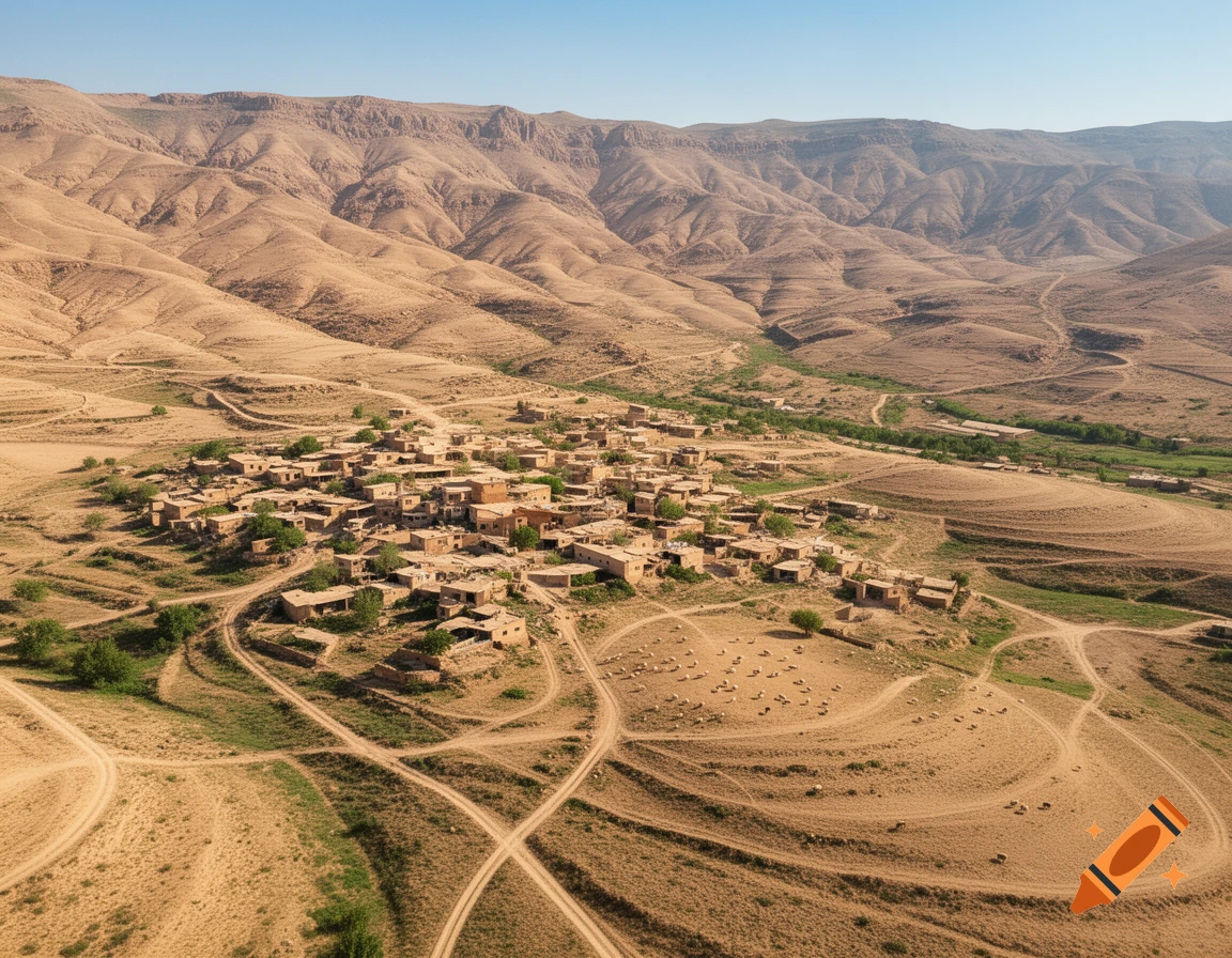 Aerial view of a rustic village nestled in a vast arid mountain landscape with winding dirt roads and sparse greenery.
