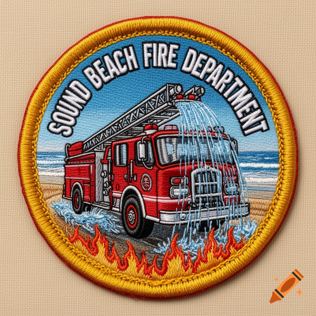 A circular embroidered patch for the Sound Beach Fire Department, featuring a red fire truck spraying water on flames at a beach.