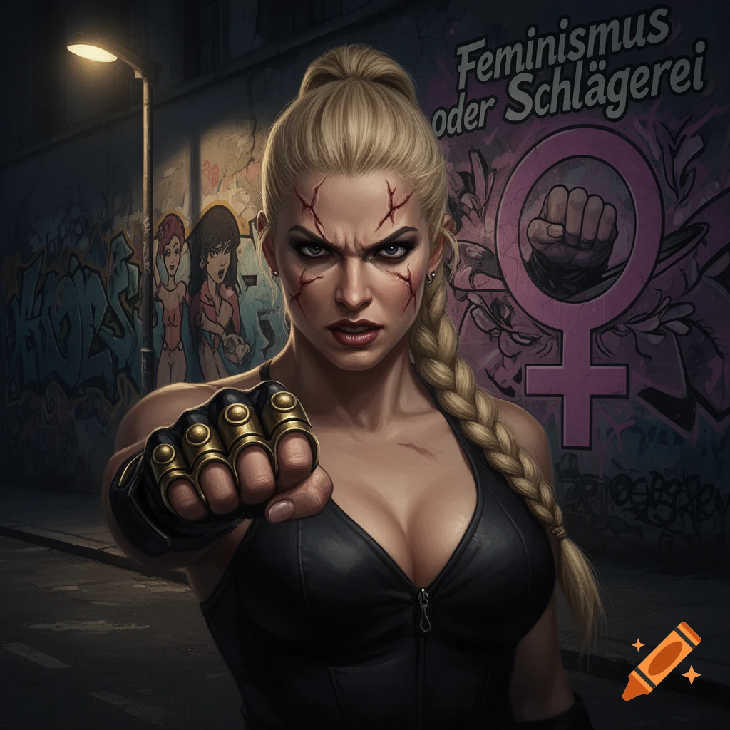A stern blonde woman with a braid, facial scars, and brass knuckles, clenching a fist in a dark street with feminist graffiti.