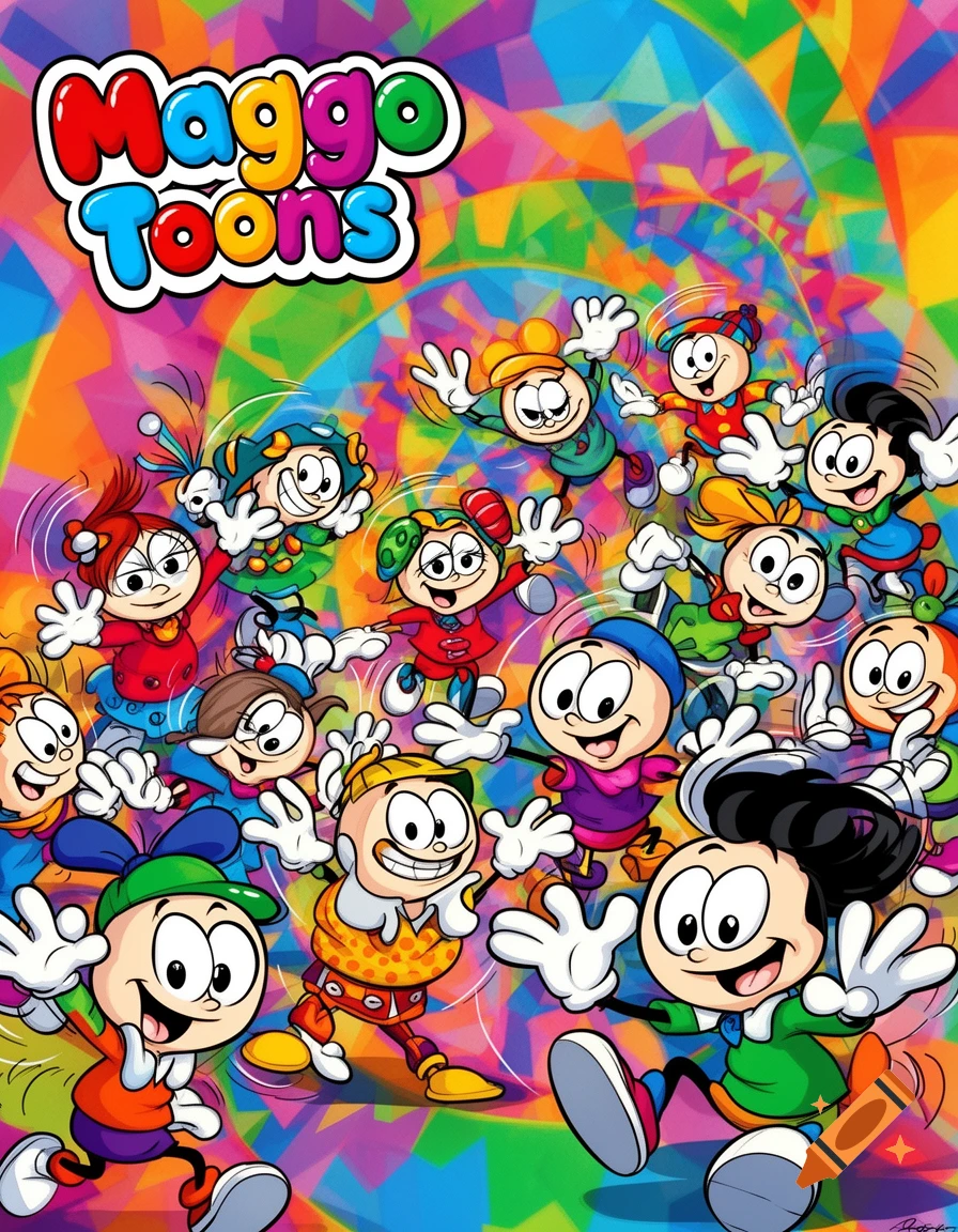 A group of cheerful, diverse cartoon characters waving and smiling against a colorful geometric background, with the 'Maggo Toons' logo at the top.