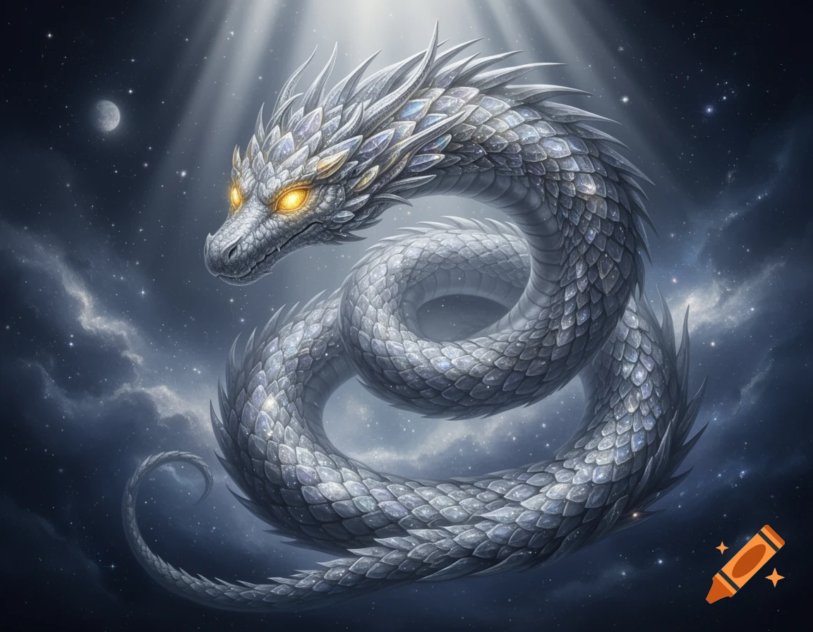 A majestic silver dragon with glowing yellow eyes, coiled under a starry night sky with moonlight and clouds.