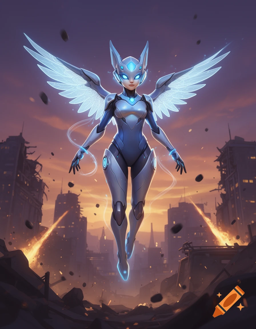 A winged futuristic robot with glowing blue accents floats over a ruined city at sunset, digital art.