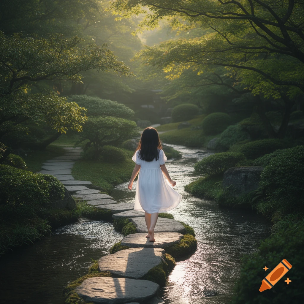 A child in a white dress walks barefoot on stepping stones across a shallow stream in a sunlit, lush Japanese garden.