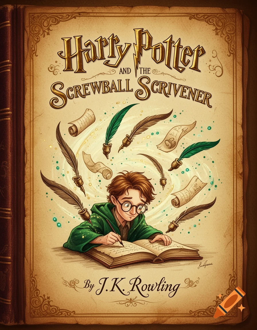 A whimsical book cover for "Harry Potter and the Screwball Scrivener" showing a young wizard writing with magical quills.