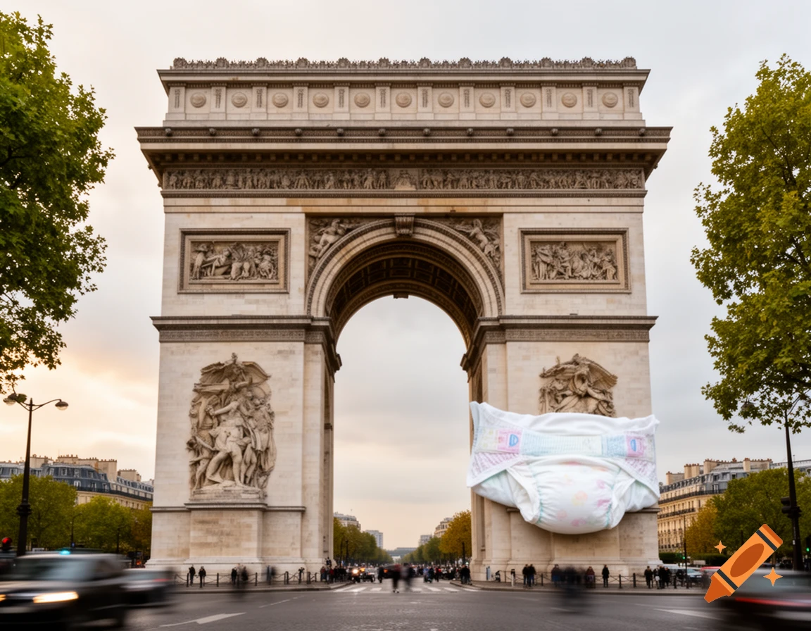 A giant baby diaper is photoshopped onto the side of the Arc de Triomphe in Paris, with cars blurring past on the street below.