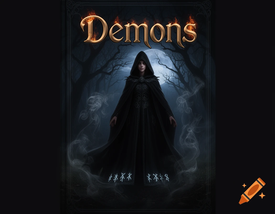 A cloaked figure stands in a dark forest under a full moon, with the title 'Demons' above. Dark fantasy art style.