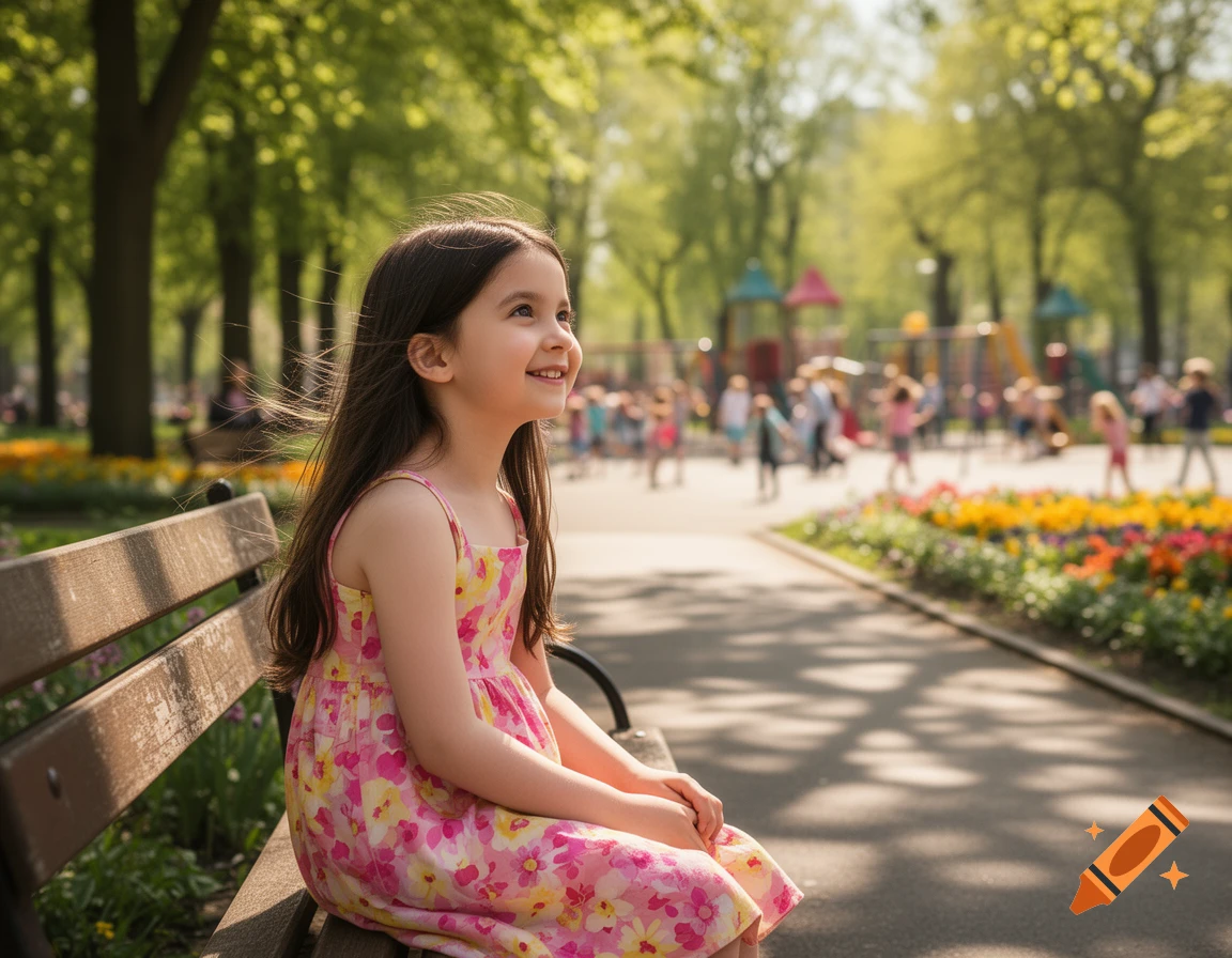 Photorealistic image of a young girl in a pink floral dress smiling while sitting on a park bench on a sunny day.