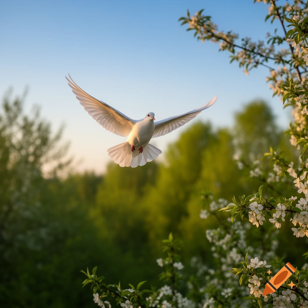 A white dove with outstretched wings flies across a blue sky above a green forest and white blossoms.
