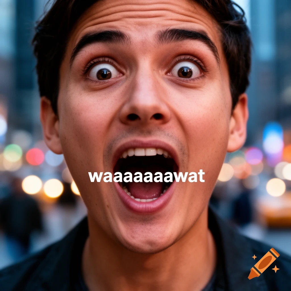 Close-up of a surprised man with wide eyes and open mouth, saying "waaaaaaaaat" over a blurred city background.