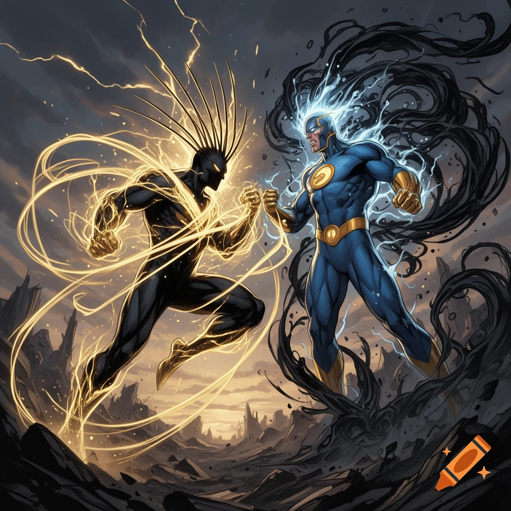 Two superheroes, one black with yellow lightning and one blue and gold with dark energy, confront each other in a rocky, desolate landscape, comic art style.