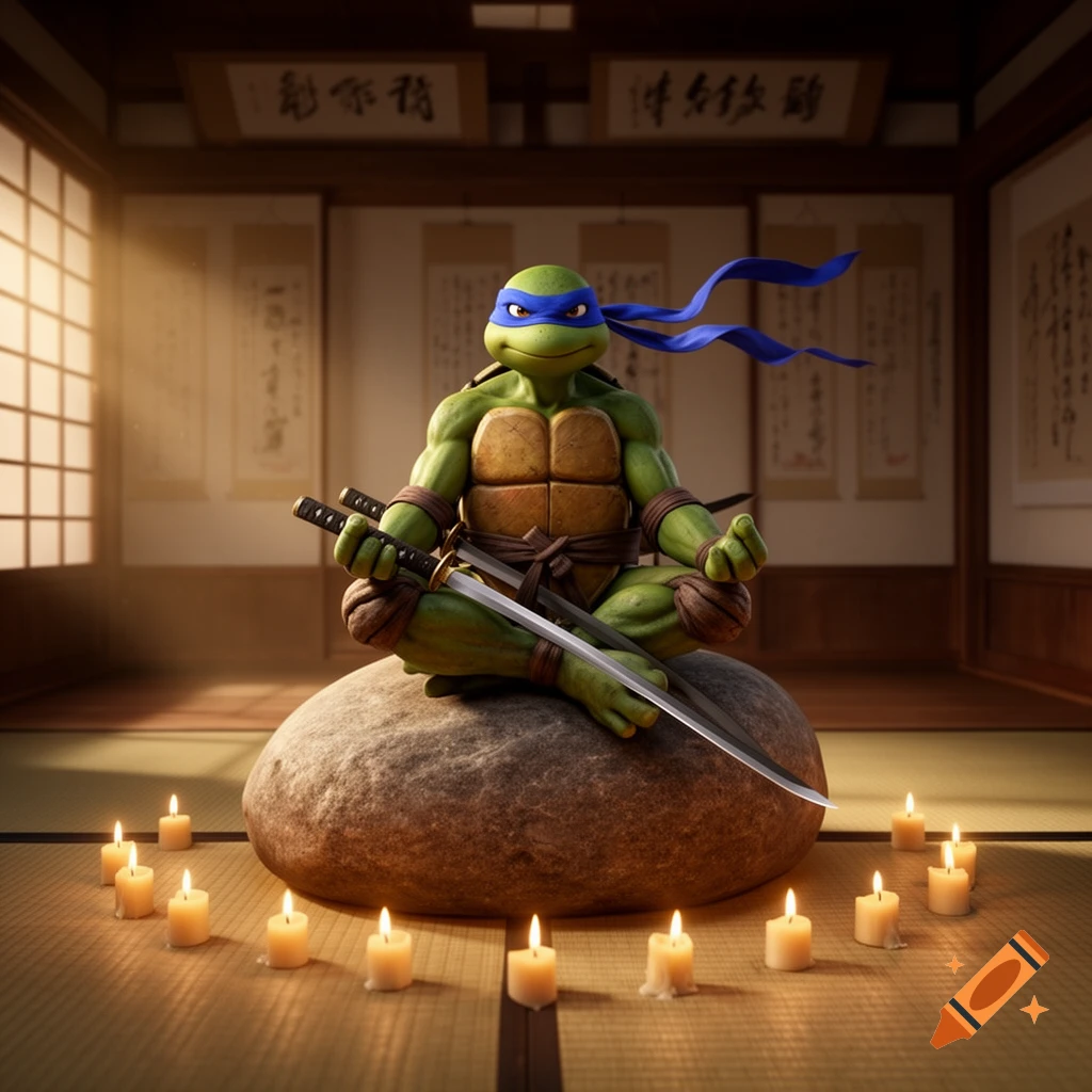 Leonardo the Teenage Mutant Ninja Turtle meditates cross-legged on a rock, holding katanas, surrounded by candles in a dojo.
