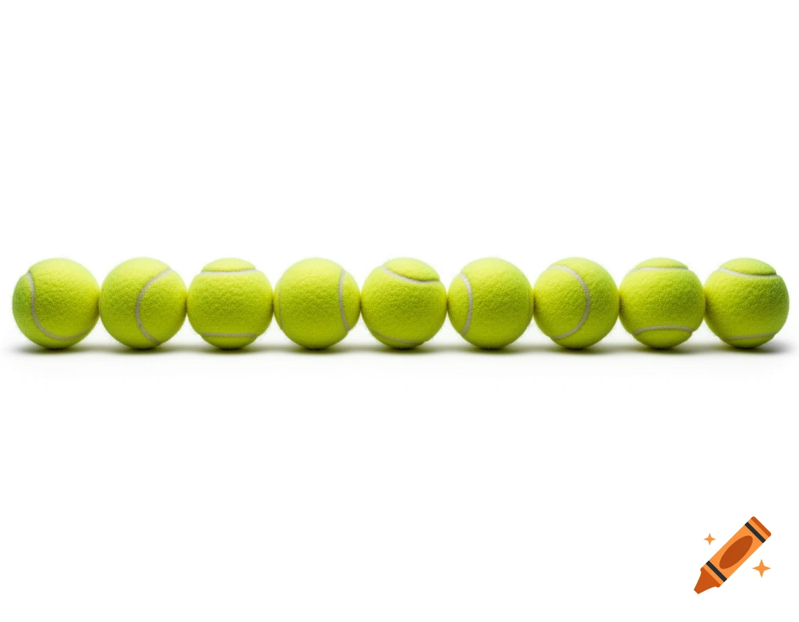 A row of nine vibrant yellow tennis balls neatly aligned on a pristine white background, casting soft shadows.