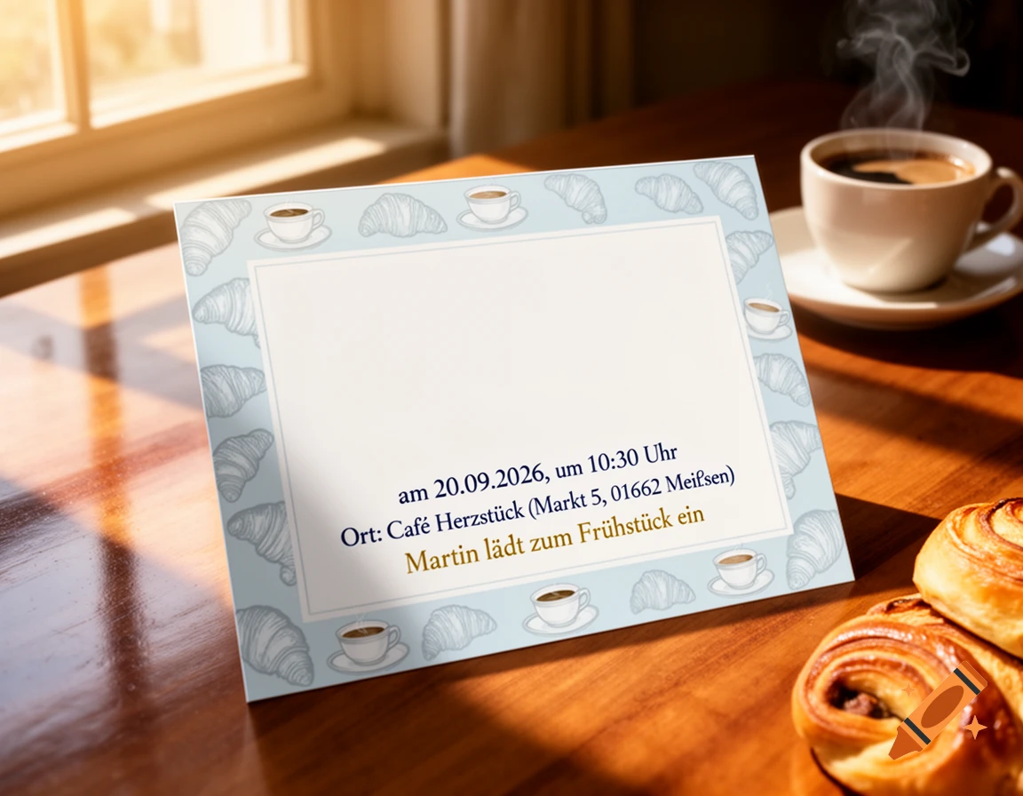A breakfast invitation card with croissant and coffee cup designs, displaying event details, sits on a wooden table next to coffee and pastries.