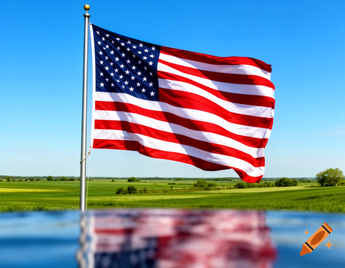 A vibrant American flag waves on a flagpole over a green field under a clear blue sky, with a blurred reflection in the foreground.