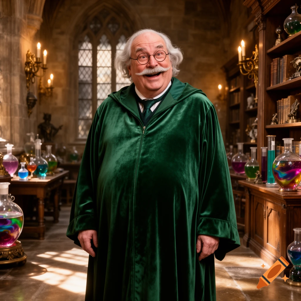 A portly, smiling wizard with a white mustache and round glasses wears a green velvet robe in a potion lab, surrounded by colorful beakers.