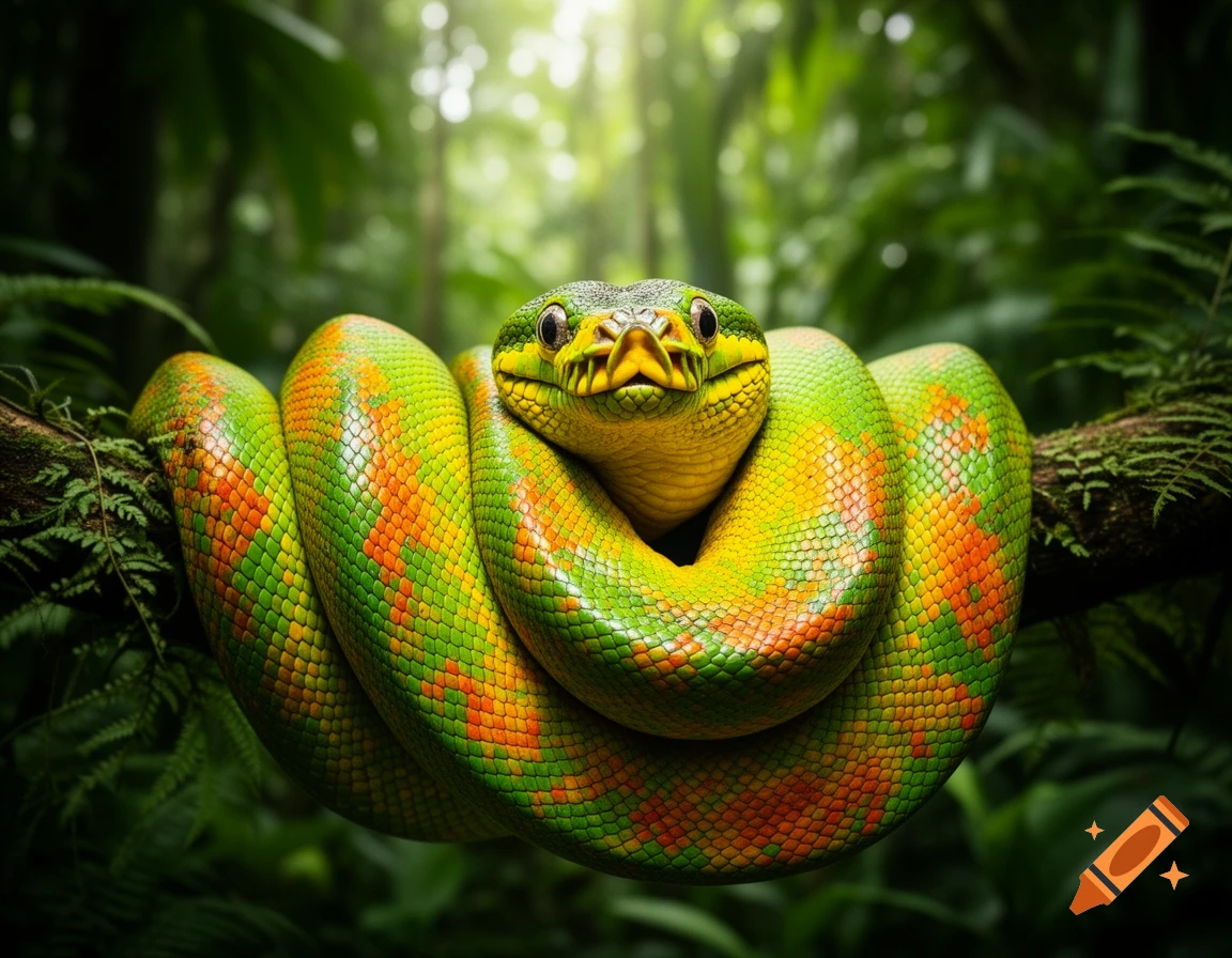 A vibrant green and orange snake coiled on a mossy branch in a lush, sunlit jungle, looking directly at the viewer.