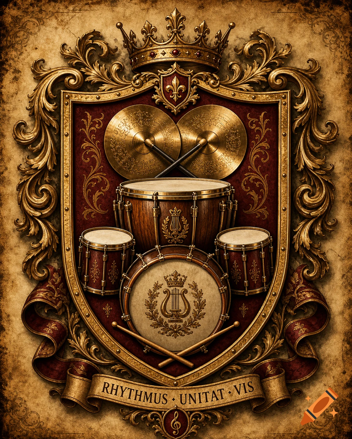 An ornate golden and red heraldic crest featuring a crown, drums, cymbals, drumsticks, and a banner with Latin text, on a vintage parchment background.