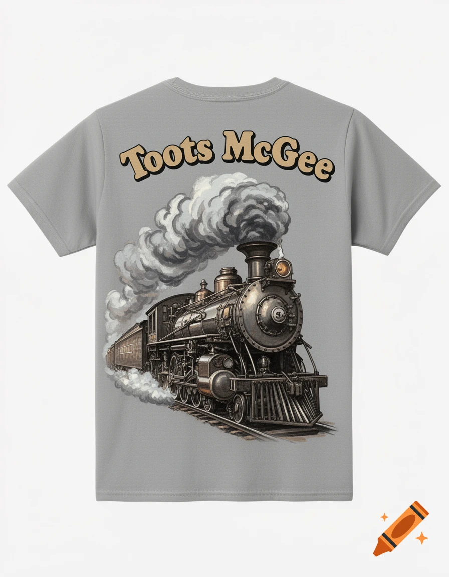 A gray T-shirt with 'Toots McGee' text above a vintage-style steam train puffing smoke, seen from the back.
