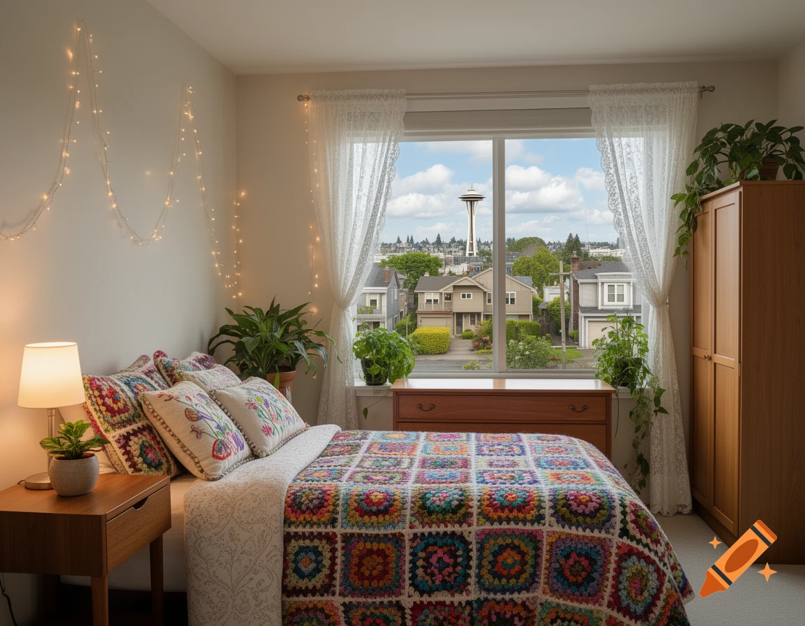 A cozy, photorealistic bedroom with a colorful crochet blanket, fairy lights, plants, and a window view of a residential street and the Seattle Space Needle.