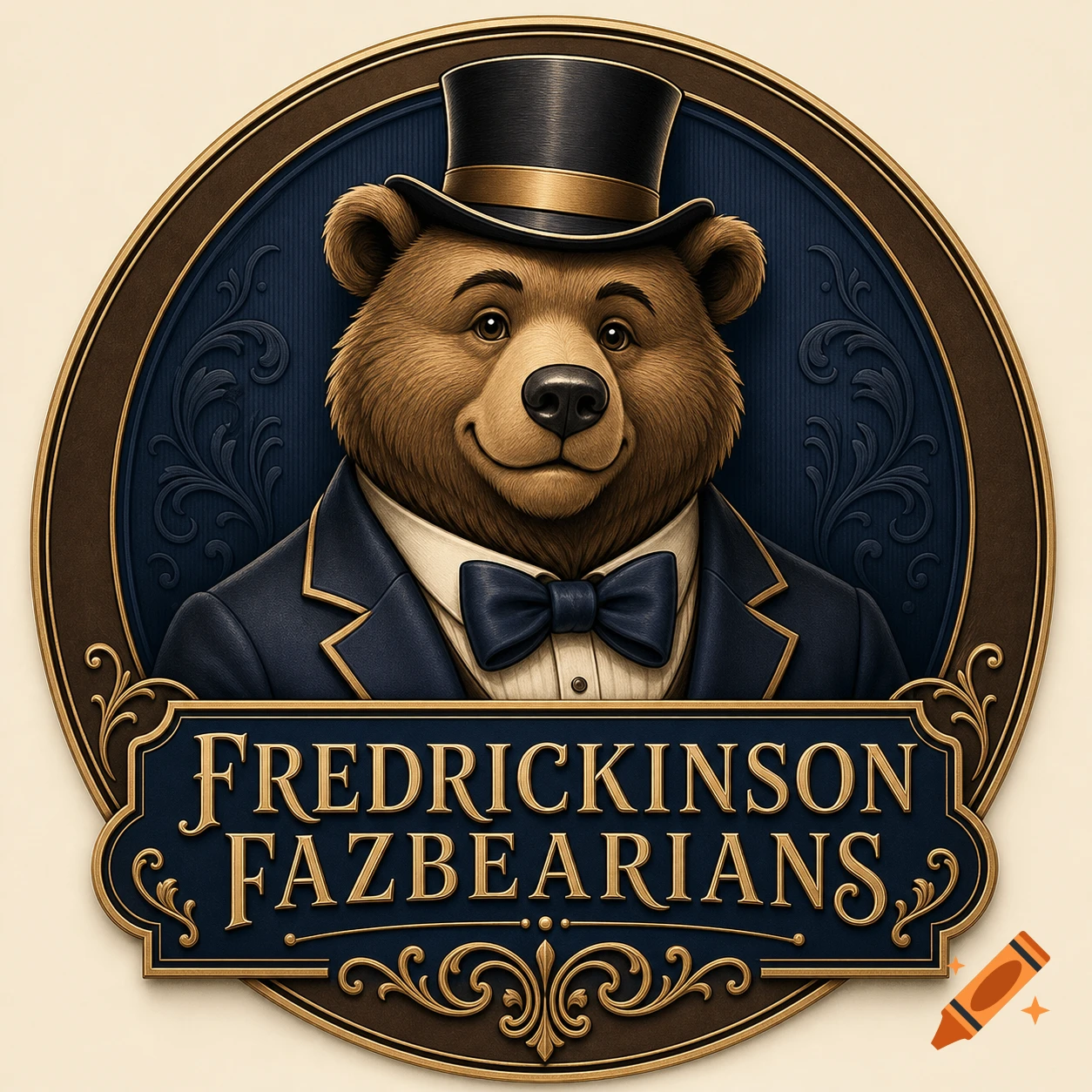 A charming logo of a brown bear in a black top hat and navy suit, with 'FREDRICKINSON FAZBEARIANS' text on a scroll.
