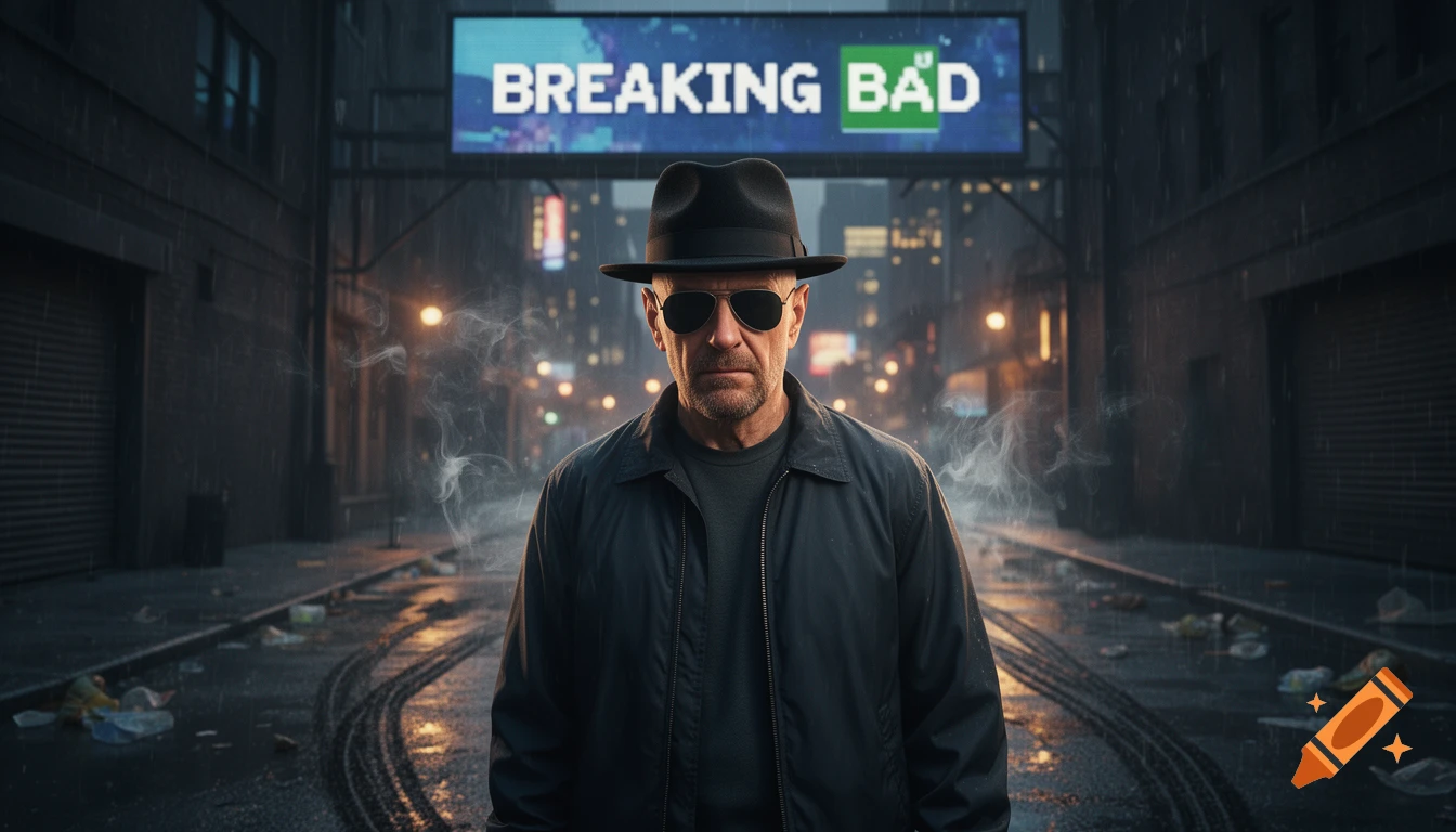 A stern man in a fedora and sunglasses stands in a rainy, dark city alley with a 'BREAKING BAD' neon sign above him. Smoke rises around him.