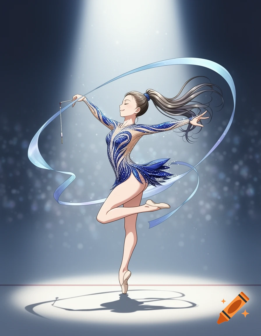 Anime illustration of a rhythmic gymnast in a sparkling blue leotard, performing with a light blue ribbon under a spotlight.
