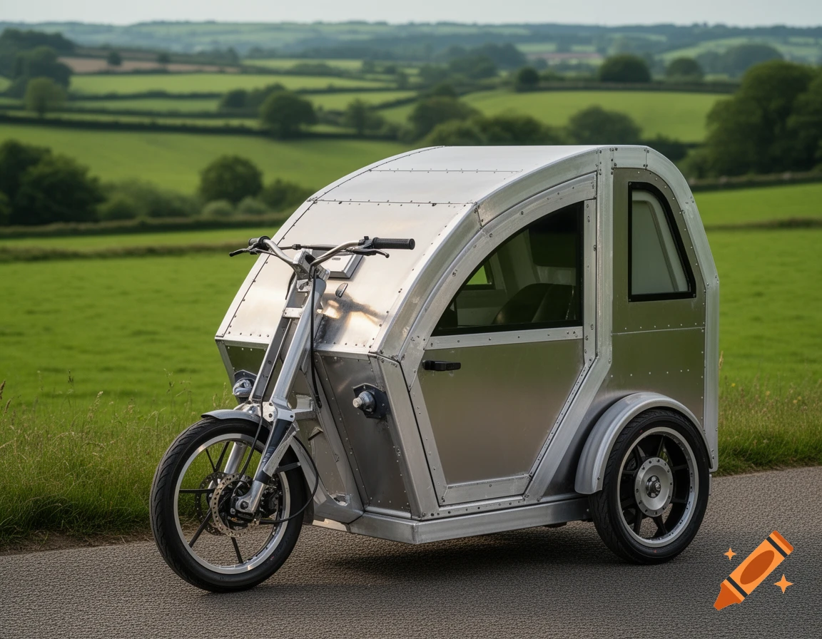 A custom-built silver three-wheeled vehicle with an enclosed cabin, blending a cargo bike with a camper, on an asphalt road with green rolling hills in the background.