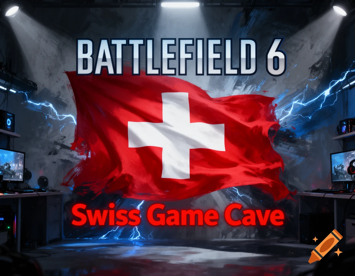 A vibrant gaming cave setup featuring a large Swiss flag, illuminated 'BATTLEFIELD 6' text, and 'Swiss Game Cave' in red neon.