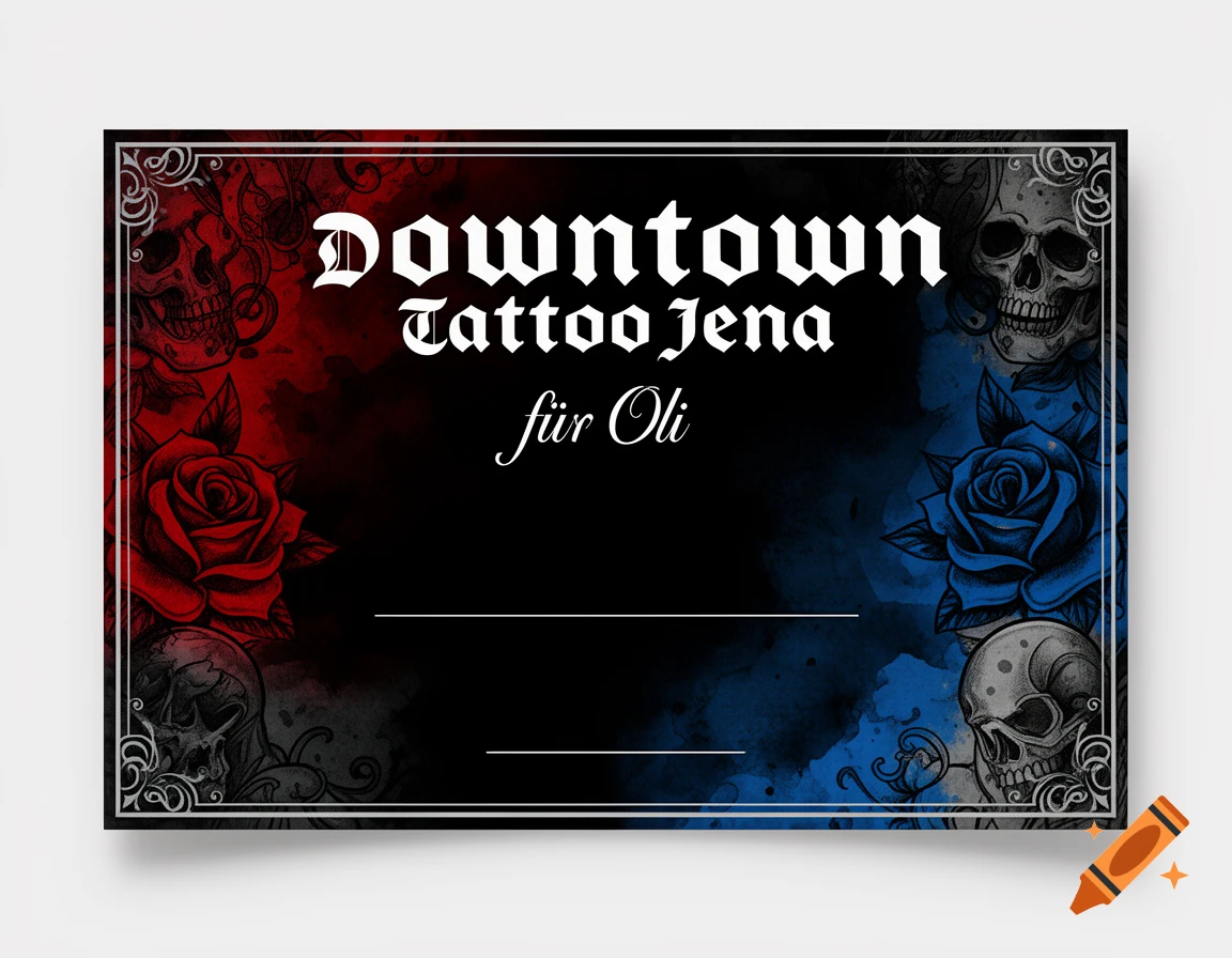 A gothic style gift voucher for Downtown Tattoo Jena for Oli, featuring skulls, red and blue roses, and an ornate border.