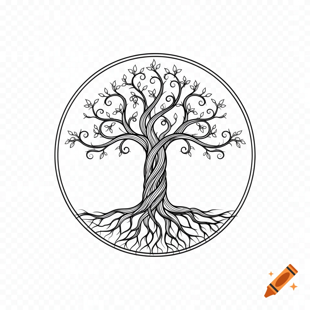 A black line art tree symbol inside a circle with intricate roots and branches, on a transparent background.