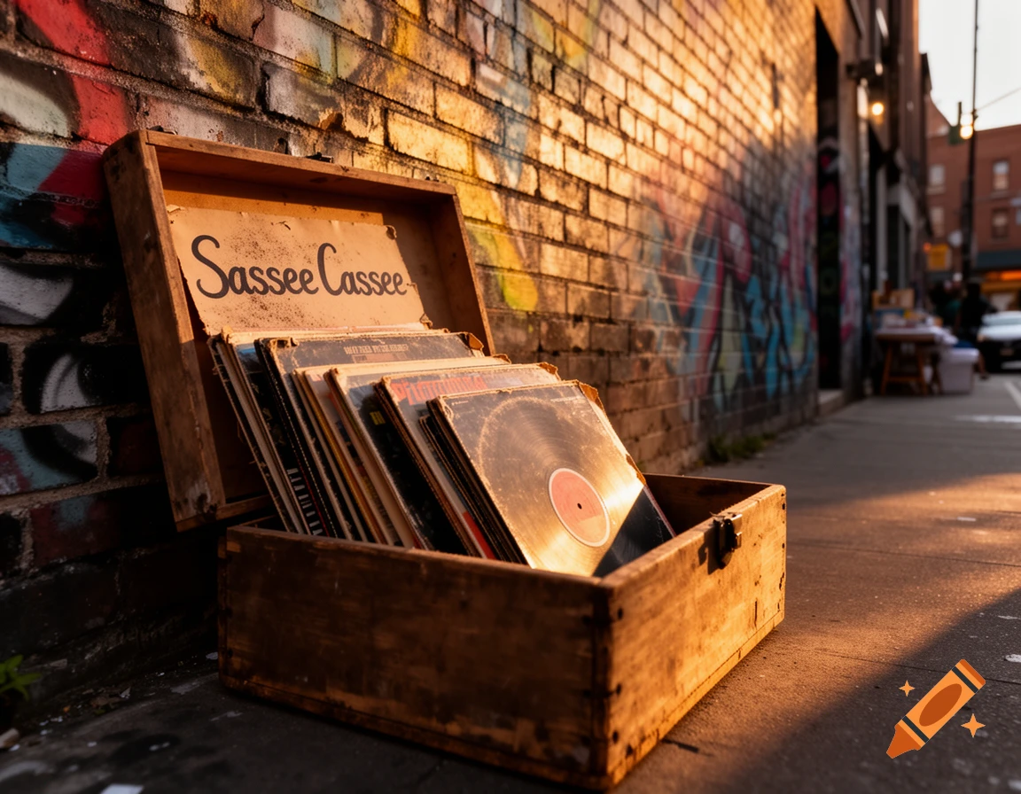 A wooden box of vinyl records sits on a sidewalk next to a graffiti-covered brick wall, bathed in warm sunlight.