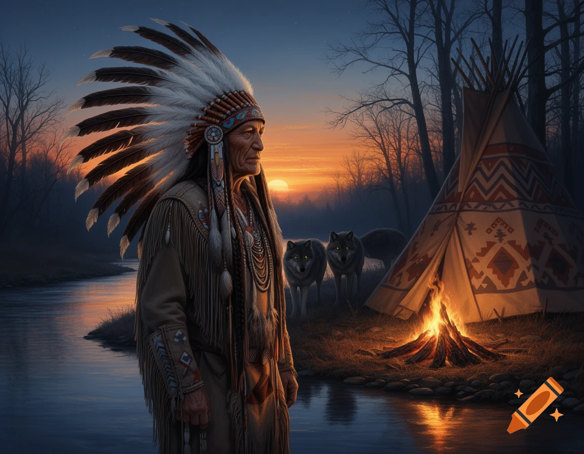 A Native American man in a headdress stands by a river with wolves, a teepee, and a campfire at sunset.