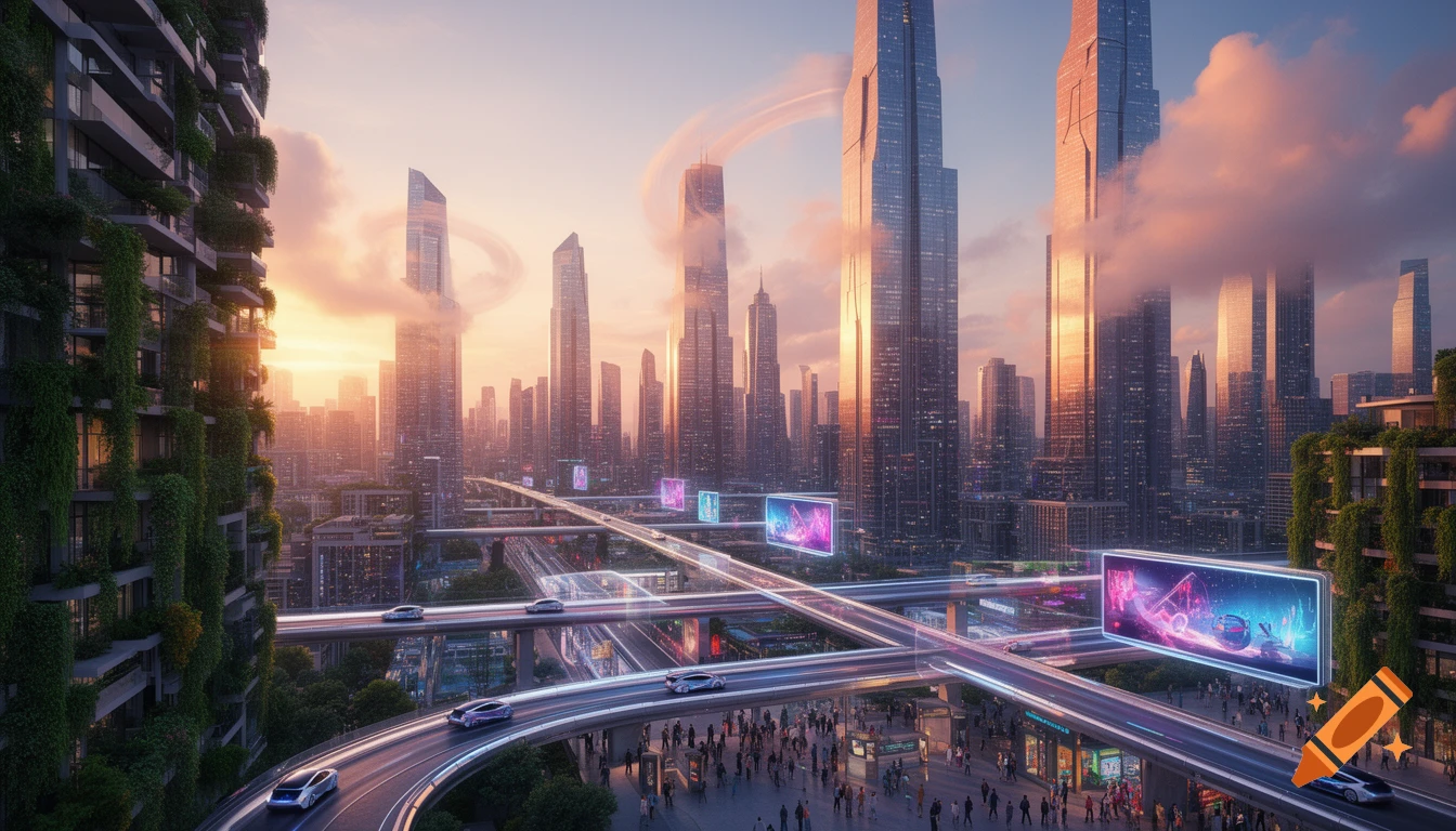 Photorealistic futuristic cityscape at sunrise with towering skyscrapers, elevated highways with sleek cars, and lush green buildings.