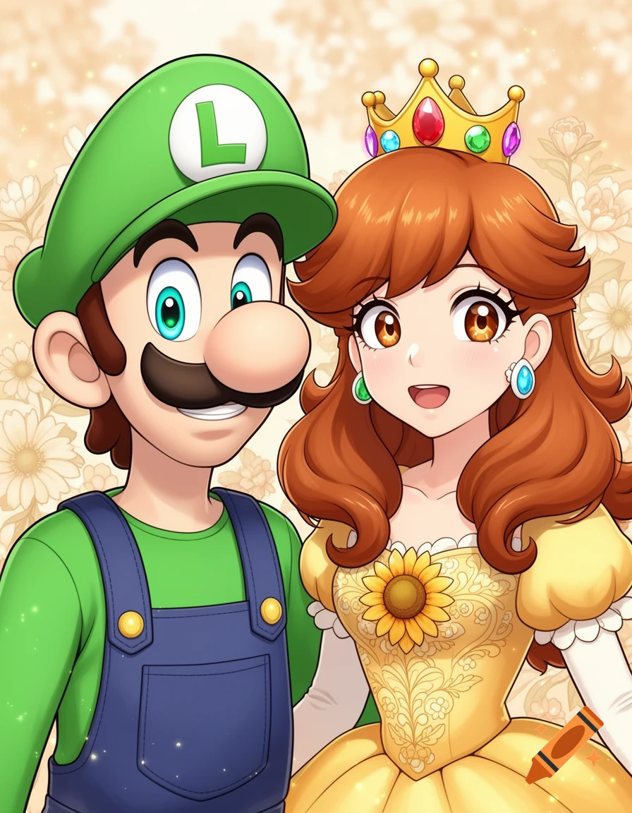 An anime portrait of Luigi and Princess Daisy smiling, with a subtle floral background.
