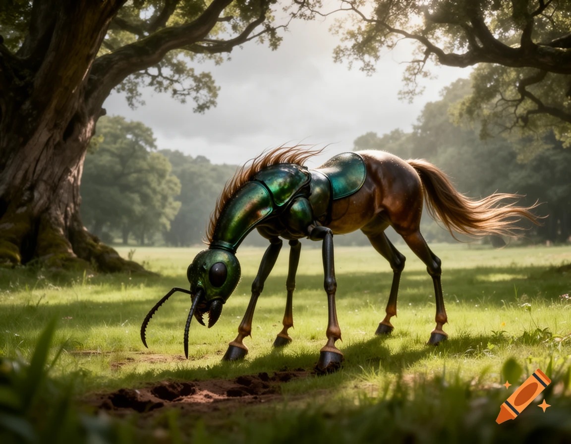 A photorealistic image of a unique fantasy creature, an ant-headed horse with a shiny green thorax, grazing in a sunlit grassy field next to a large tree.