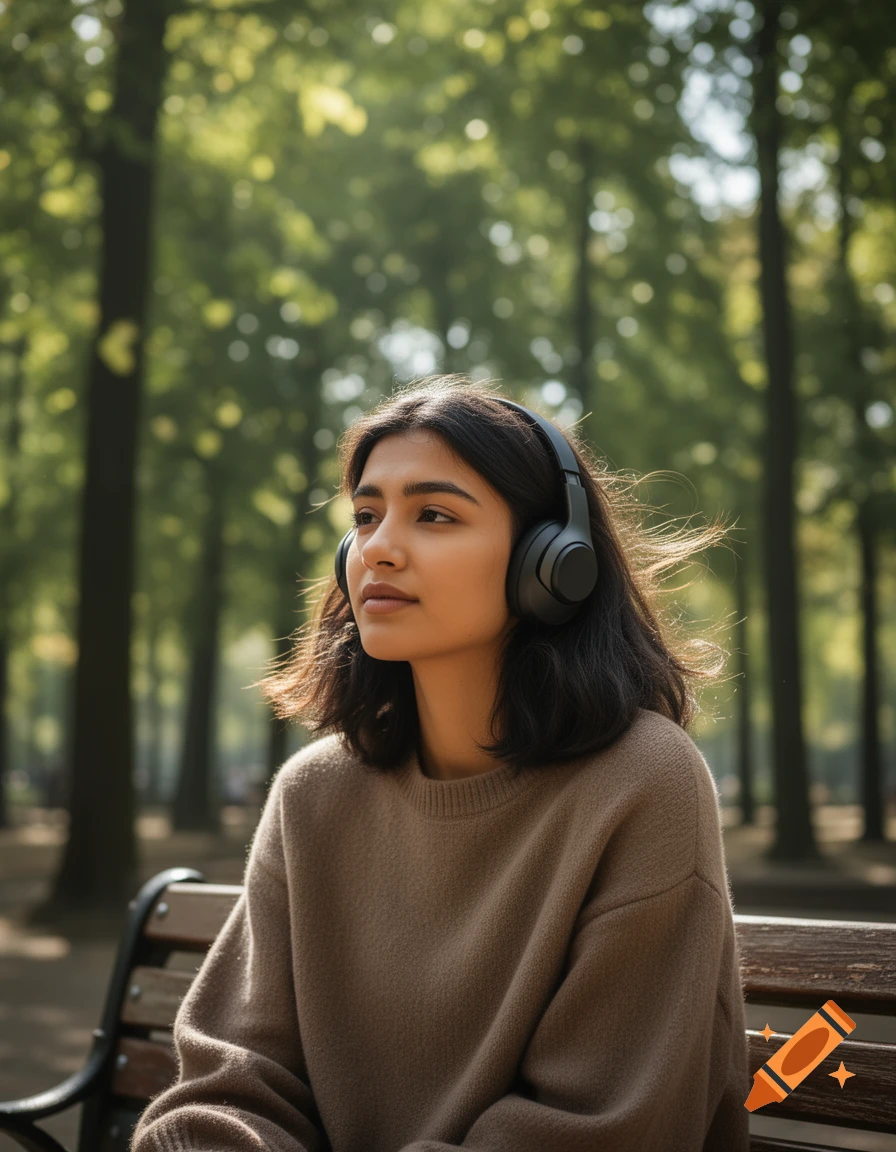 A young woman with headphones sits on a park bench, looking contemplatively into the distance in a sunlit, photorealistic scene.