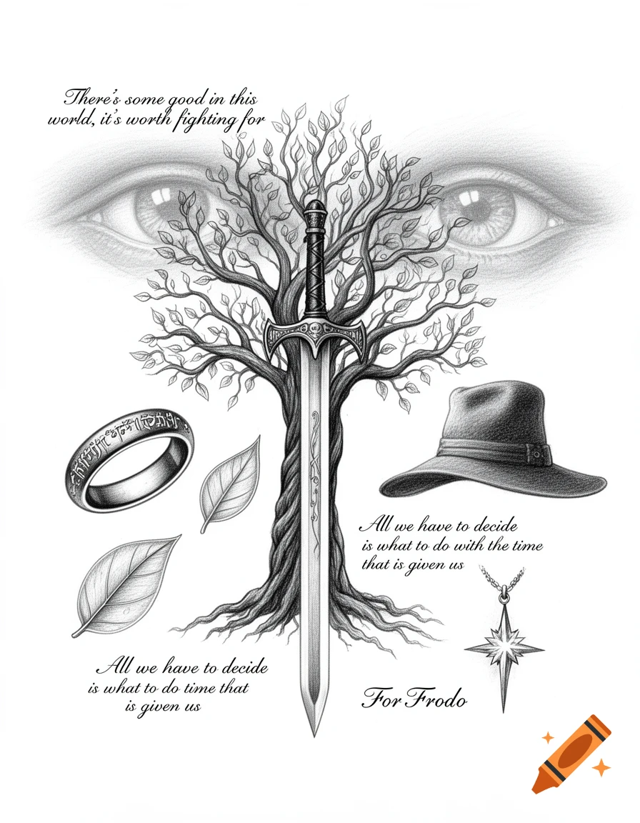 A black and white pencil sketch collage featuring Lord of the Rings symbols: the Tree of Gondor merged with a sword, the Eye of Sauron, the One Ring, leaves, a hat, and a pendant, with quotes.