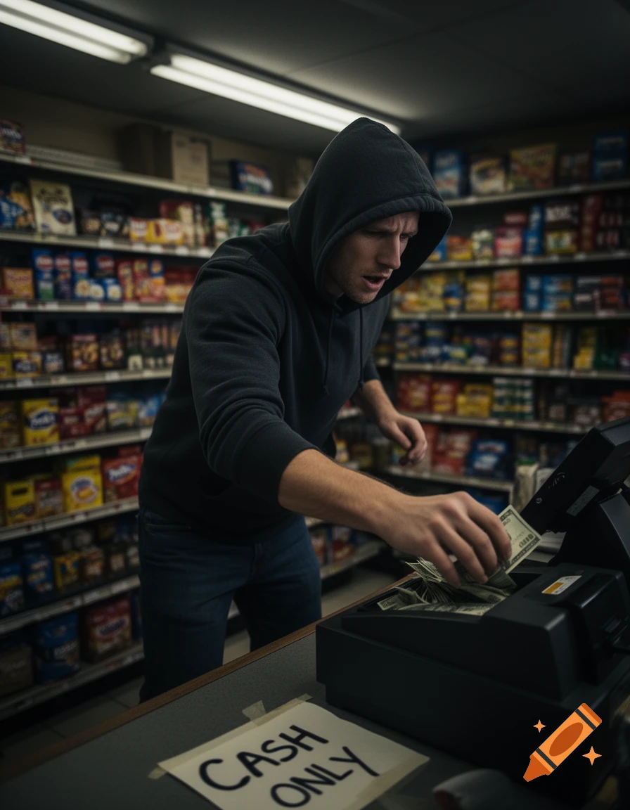Man in a dark hoodie takes money from a cash register in a dimly lit convenience store, a "CASH ONLY" sign on the counter.