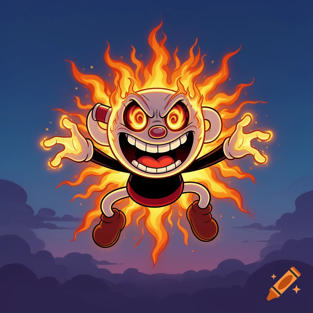 An angry, maniacal sun character in Cuphead style with flaming hair and glowing eyes, against a dark blue sky.