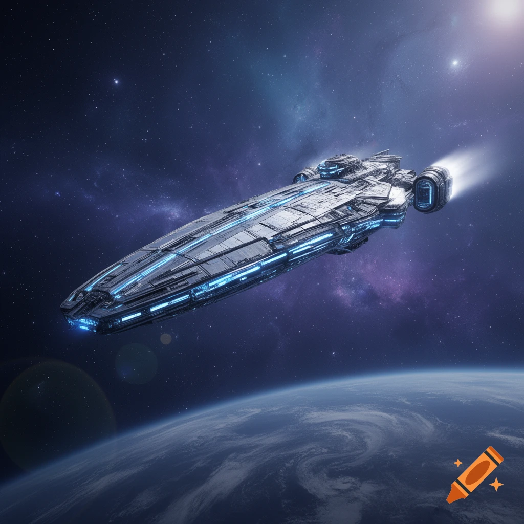A detailed, sleek, futuristic battleship with blue glowing lights flies over a swirling blue planet in deep space.